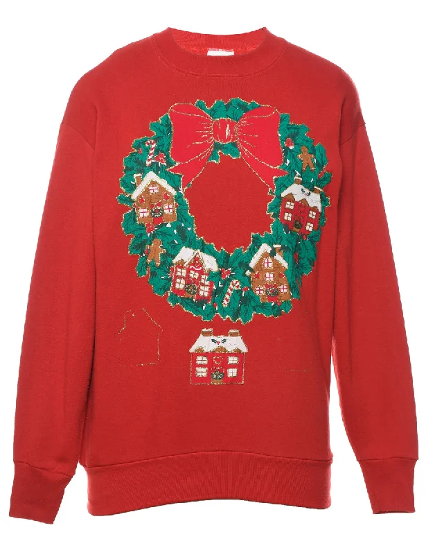 vintage coatRed Sparkly Wreath Christmas Sweatshirt - L