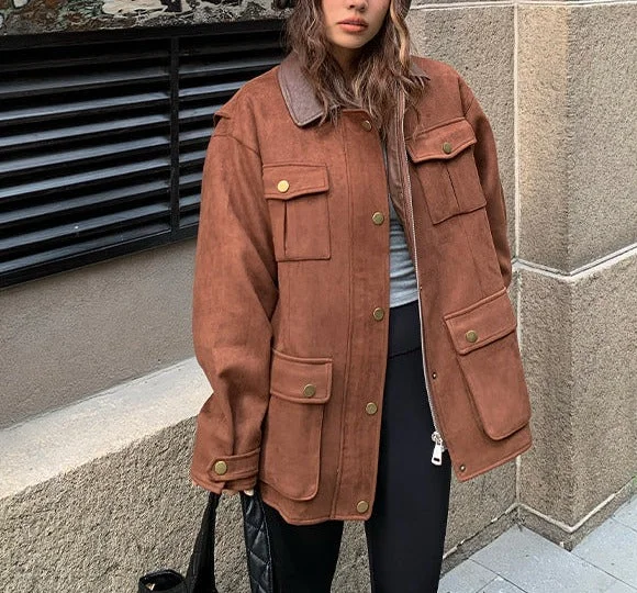 casual trench coatyuuue workwear jacket female winter 2022 new loose stitching plus velvet thickening retro ins musk leather jacket tops