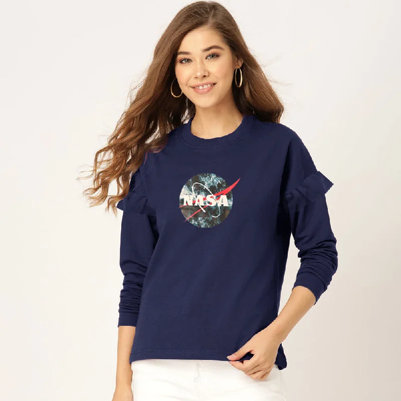 oversized coatPolo Republica Women's Frill Shoulder Nasa Printed Fleece Sweatshirt