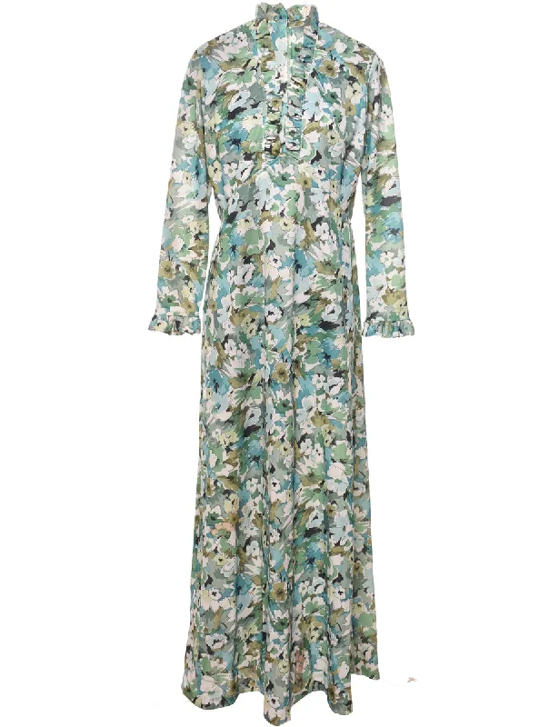 chic coatFloral Print Green & White 1970s Maxi Dress - M