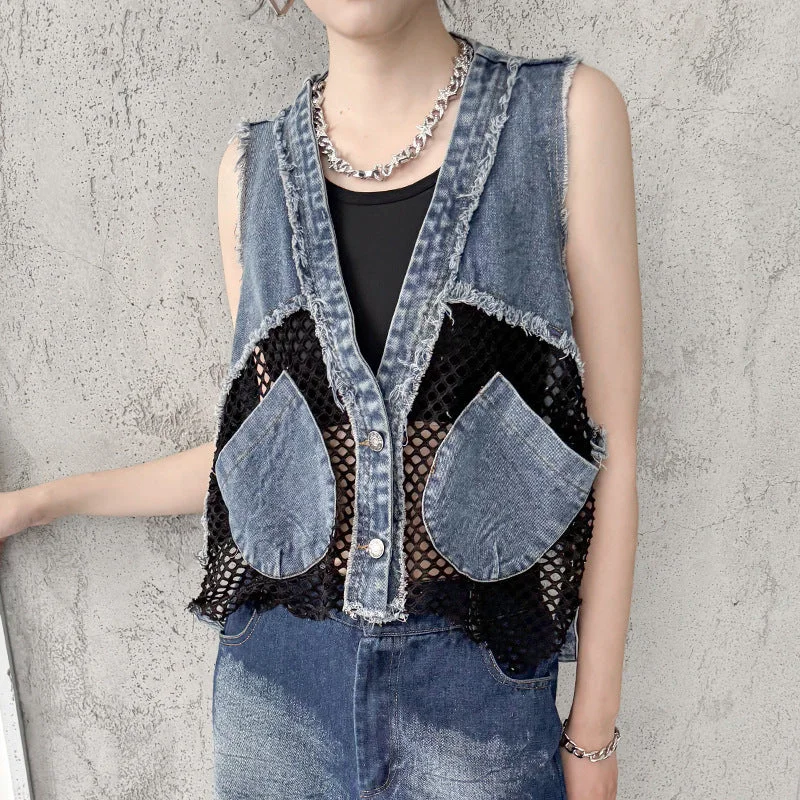 zip-up jacketMesh Short Denim Vest