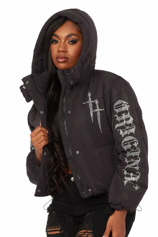 utility coatKalisha Black Rhinestone Puffer Jacket