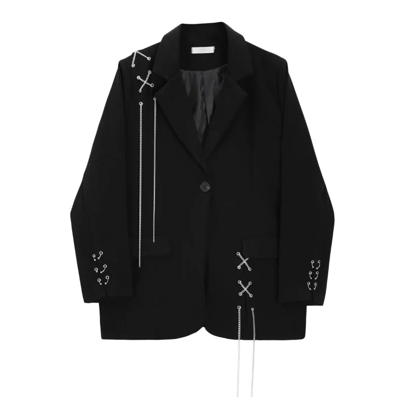 sporty outerwearBlack Loose Casual Chain Blazer