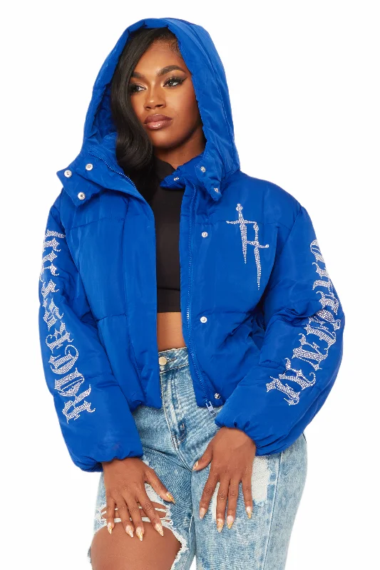 warm jacketKalisha Royal Blue Rhinestone Puffer Jacket