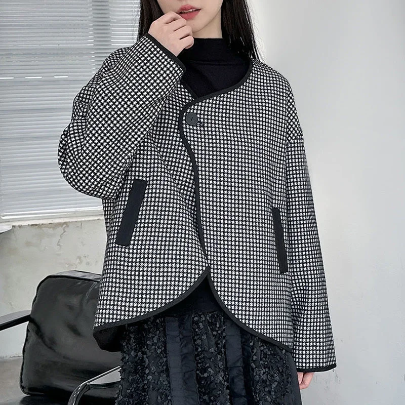 comfortable winter coatRound Neck Plaid Casual Jacket