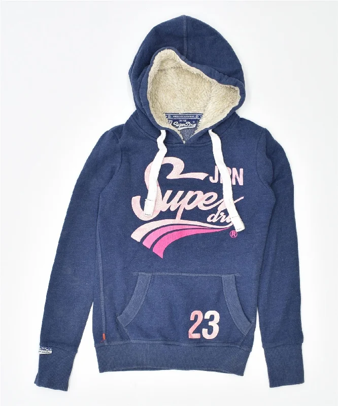 fashionable hoodieSUPERDRY Womens Graphic Hoodie Jumper UK 2 2XS Navy Blue Cotton