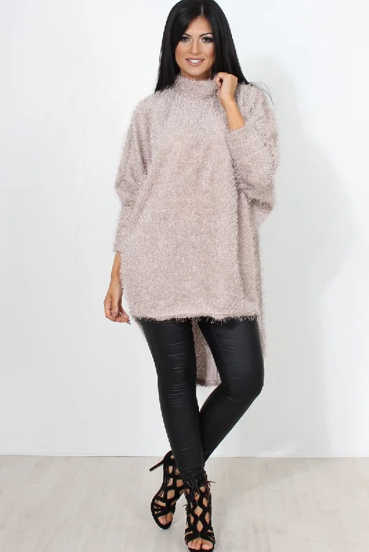 soft fleece pulloverCarrie Grey Drooped Back Knitted Jumper