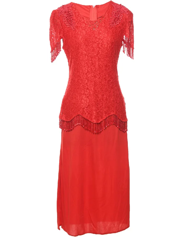 trendy jacketFloral Pattern Red Sparkly Beaded Evening Dress - M