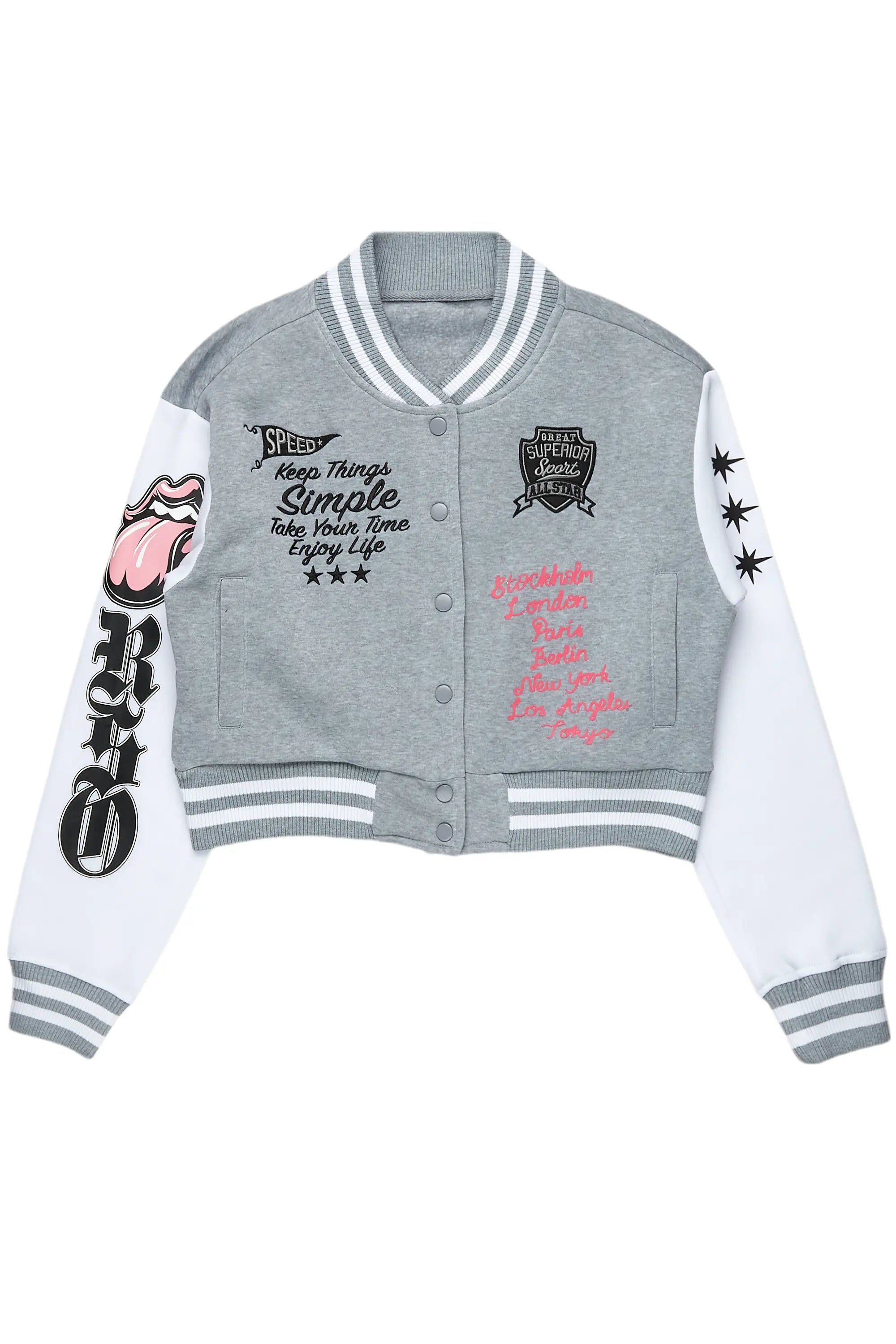 puffer jacketSuzette Heather Grey Varsity Jacket