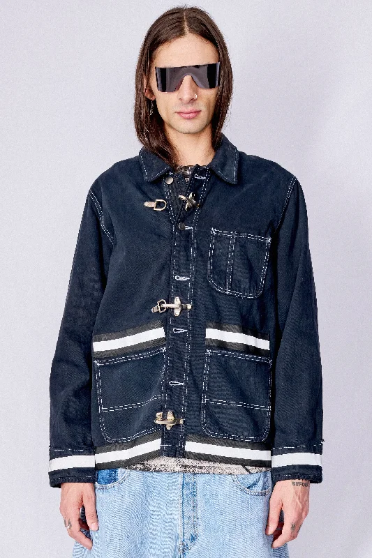 lightweight outerwearBlack Contrast Stitch Denim Reflector Fireman Field Coat