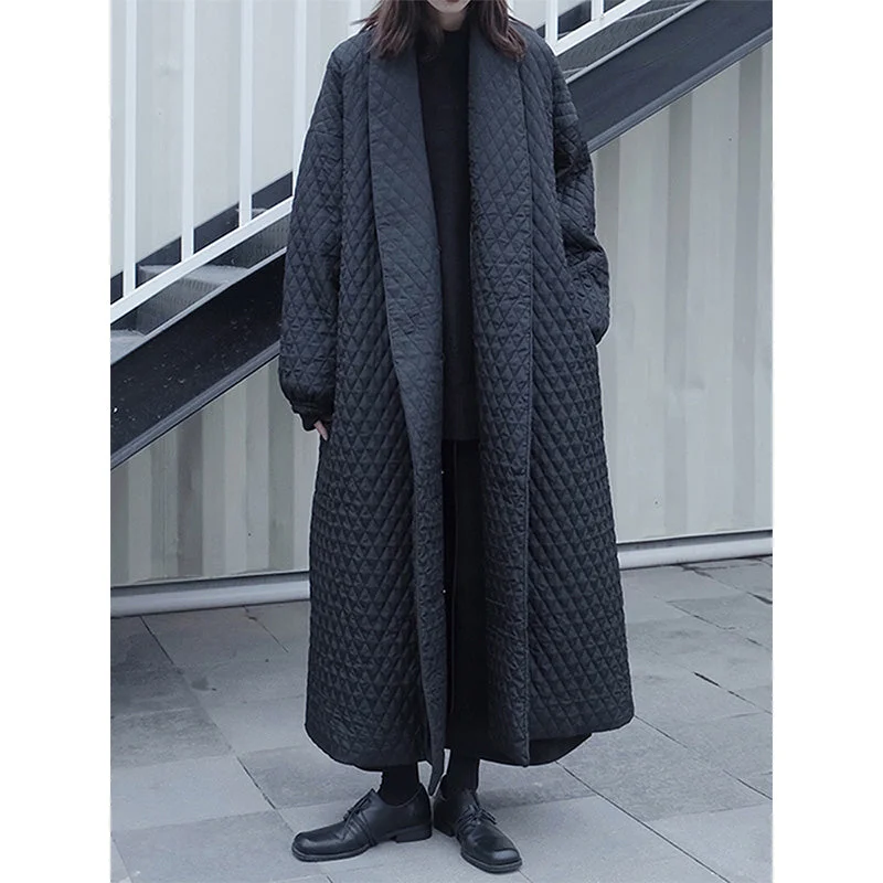 raincoatBlack Diamond-patterned Loose Long Cotton Coat