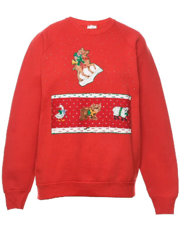 windproof jacketRed Christmas Animal Design Sweatshirt - L