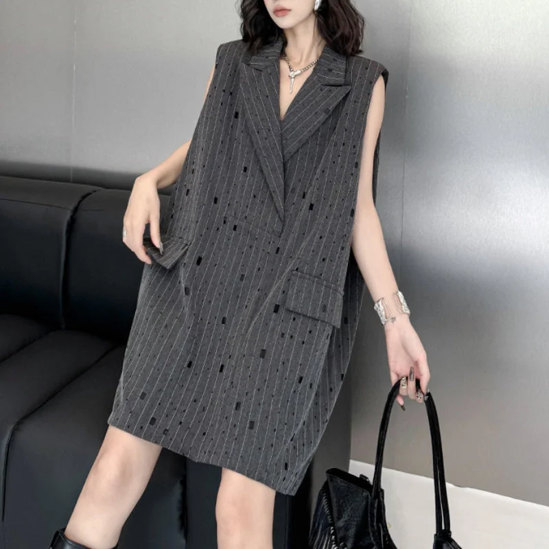 tailored coatRipped Loose Striped Suit Collar Vest Dress