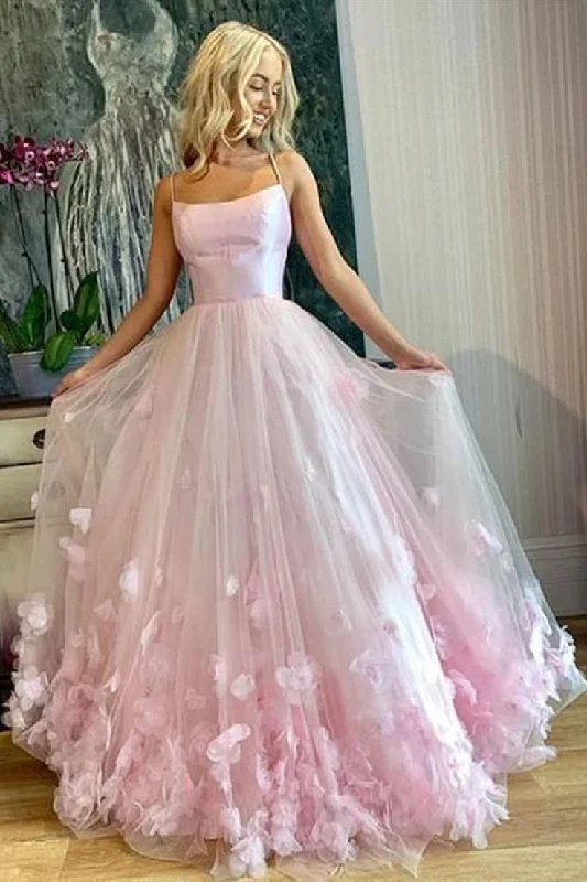 high-waisted dressPink Tulle Floral Long Prom Dresses Spaghetti Straps Formal Evening Dresses,DP0212