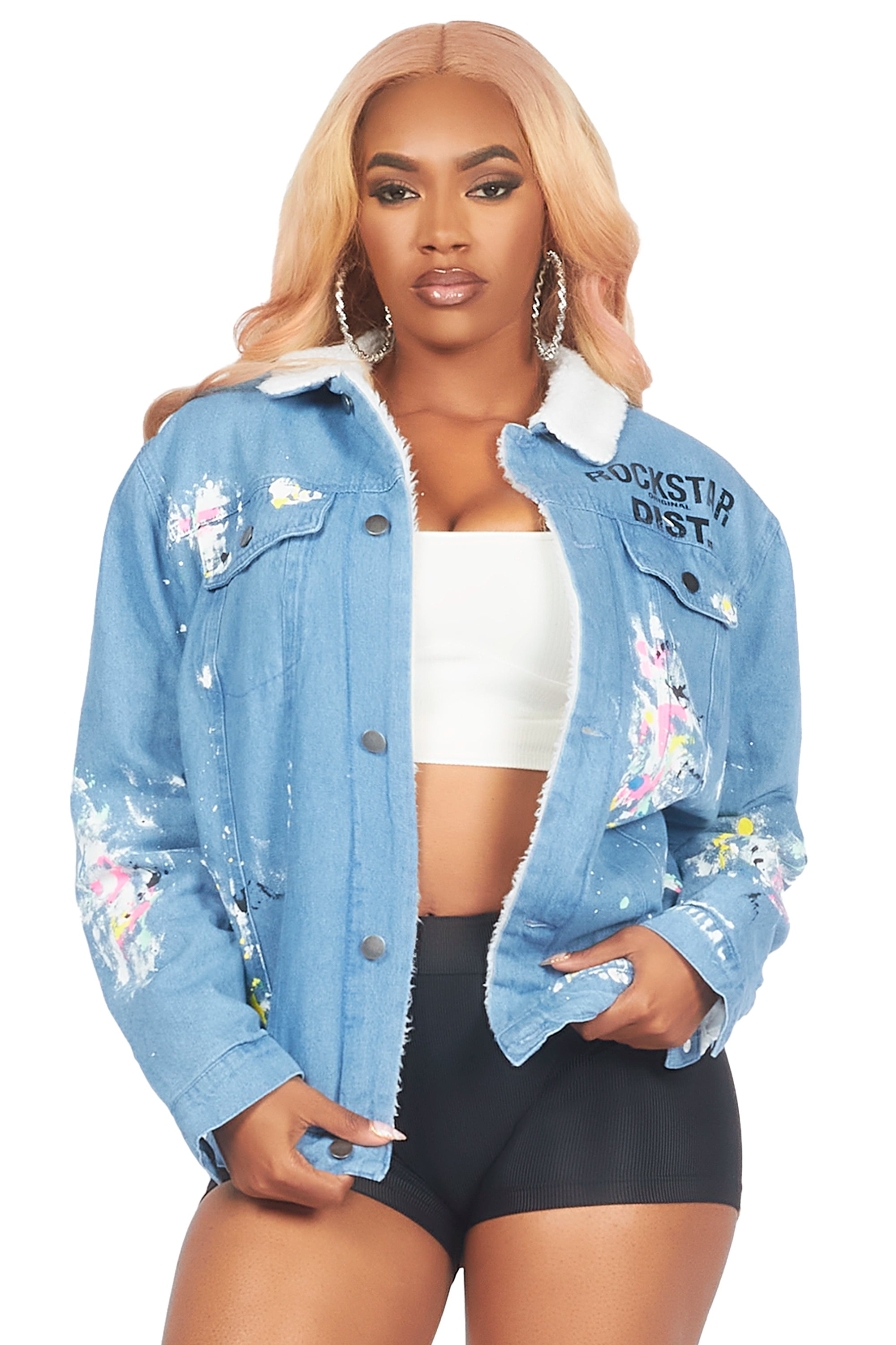 oversized trench coatCozmo Light Wash Painted Denim Jacket