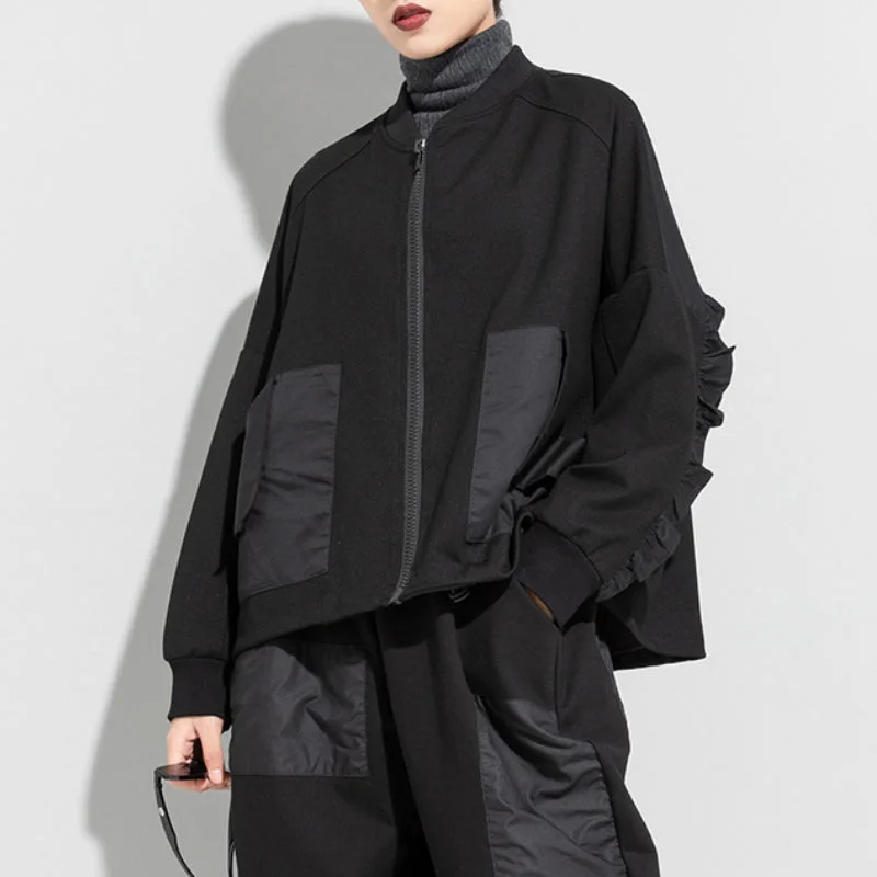 casual sports coatBlack Loose Ruffle Long Sleeve Short Jacket